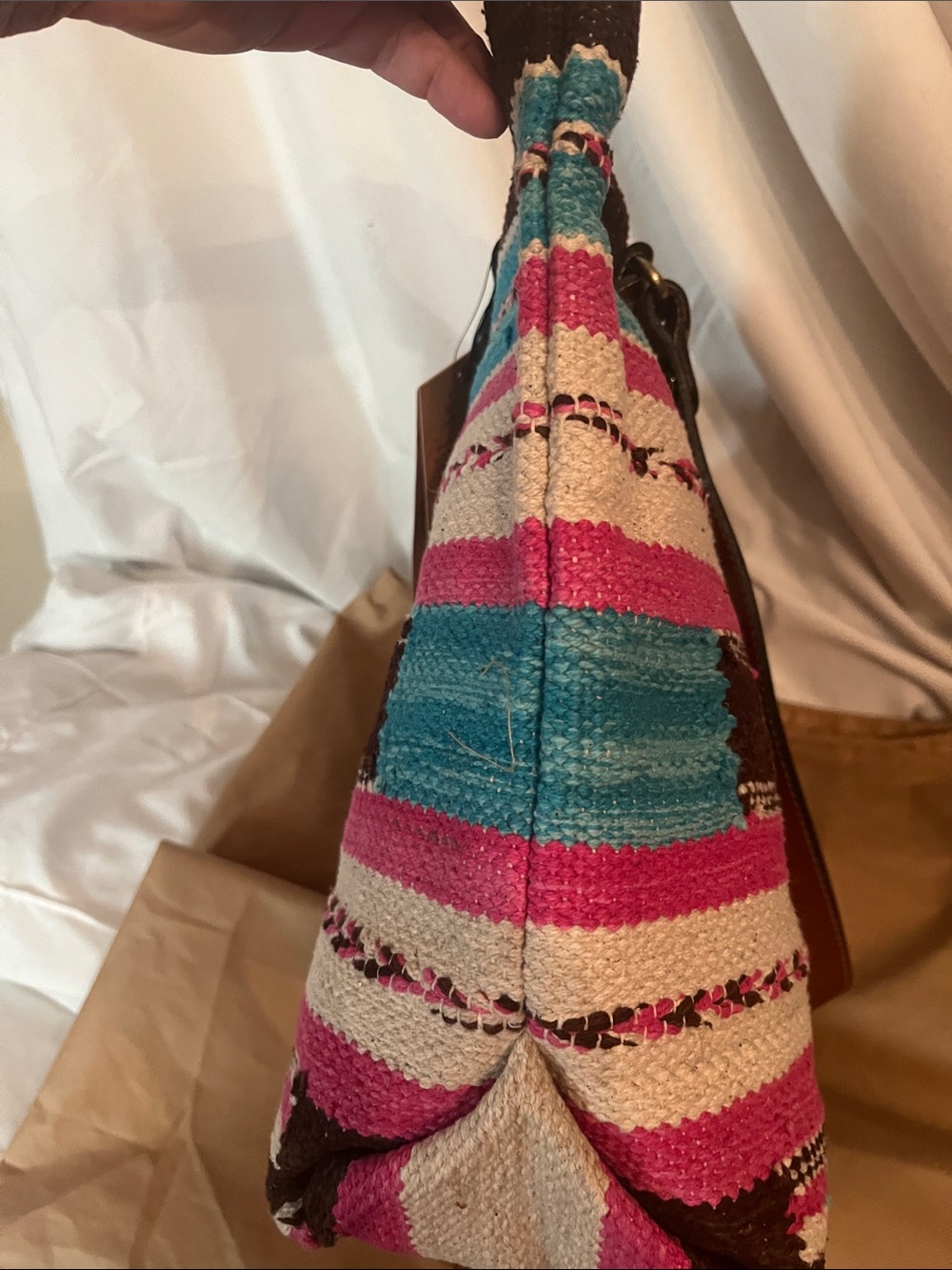 Patricia Nash Pink Turquoise Woven Stripe Tote with Brown Leather Handles - Picture 15 of 15